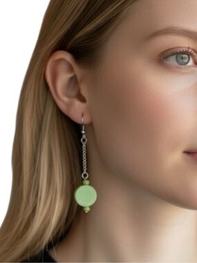 Hand Crafted Lime Green Gemstone With Silver Chain Earrings NWT